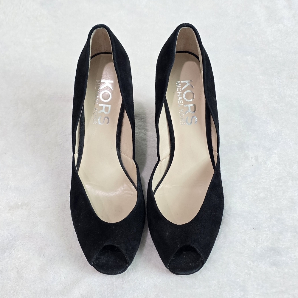 Women's Michael Kors Wedges Peep Toe Black Suede Heels Pumps Size 9.5 Slip On - Picture 2 of 8
